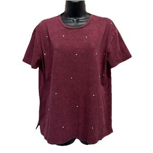 Edgely‎ Burgundy Rhinestone Short Sleeve Crew Neck T-Shirt Size Medium